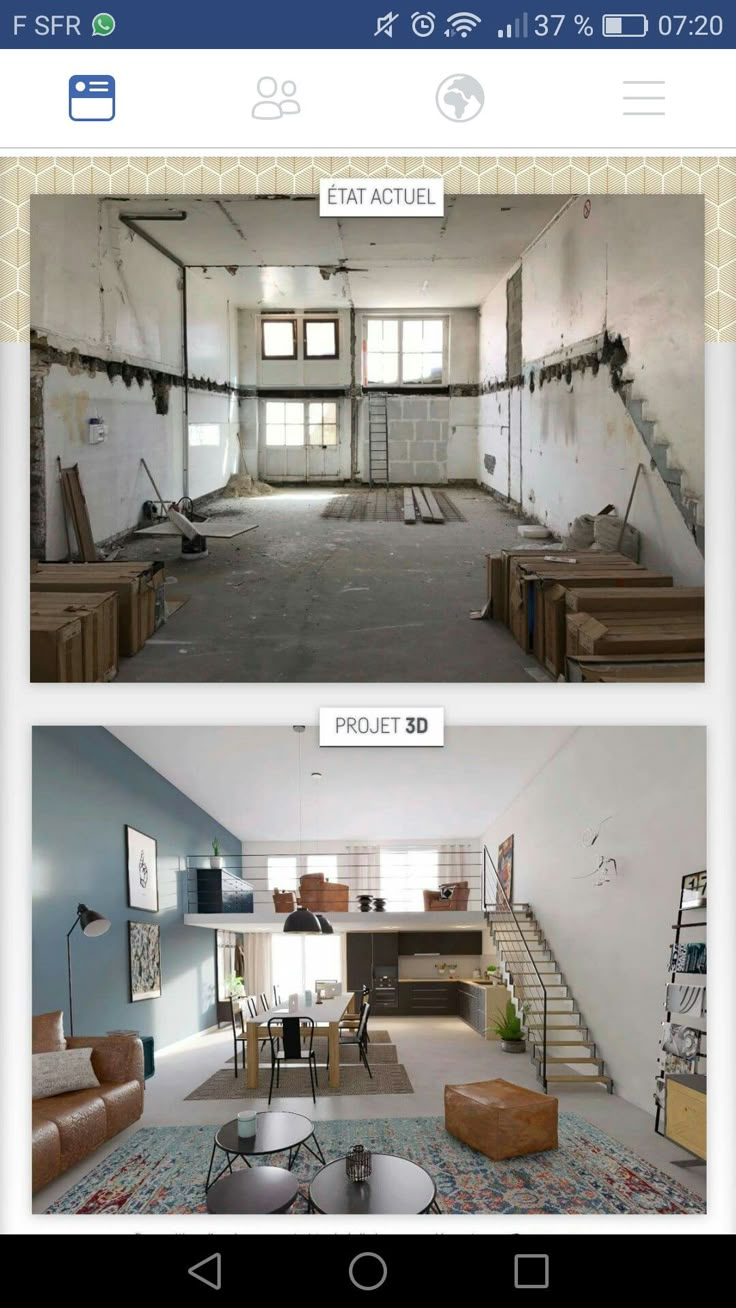 two pictures of an empty room with stairs and tables in it, one is open to the