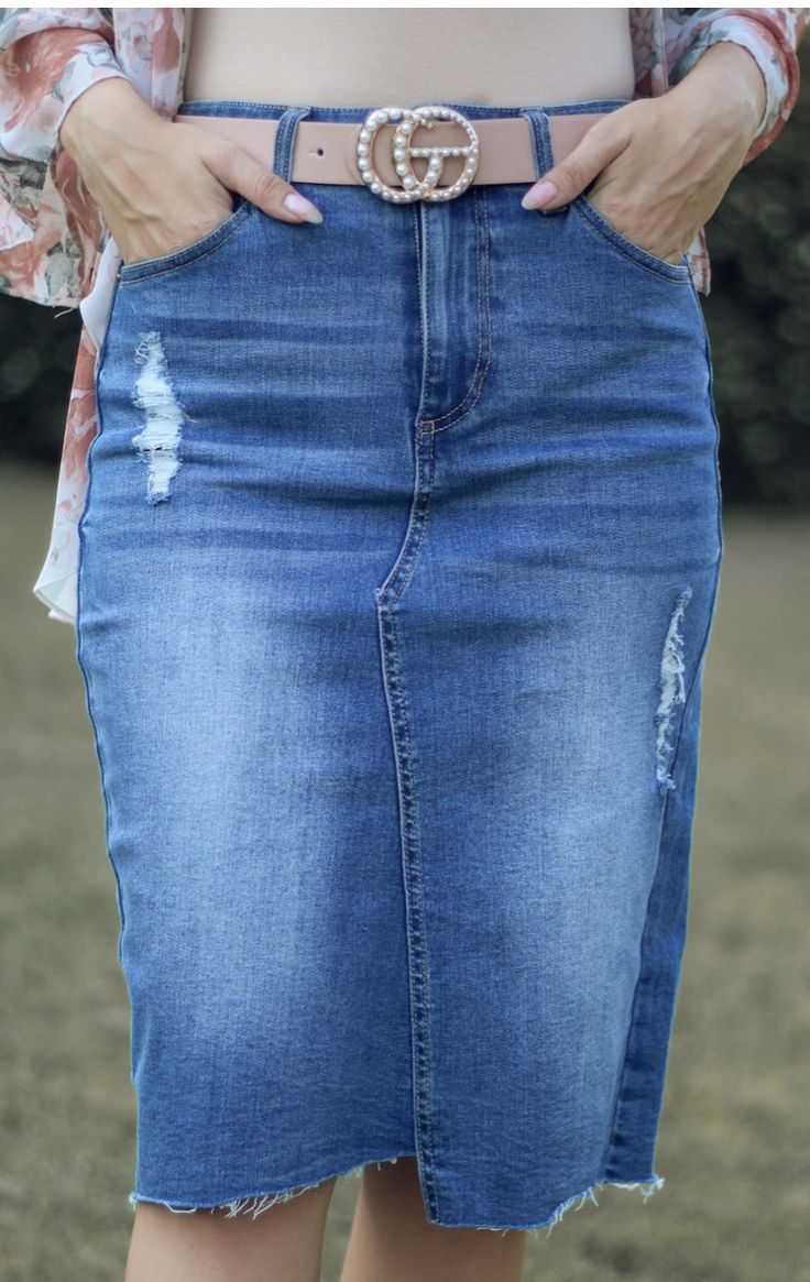 Denim lovers, this ones for you! The slight distressed look and raw hem of this pencil skirt adds little details that we love to see in denim skirts. Good quality fabric with stretch for that perfect fit make our Amarah Light Wash Denim skirt a closet staple! Blue Jean Skirts, Chic Non-stretch Medium Wash Denim Skirt, Non-stretch Light Wash Denim Skirt With Pockets, Relaxed Denim Skirt With Pockets, Medium Wash, Knee-length Denim Skirt With Frayed Hem, Medium Wash, Non-stretch Denim Skirt With Button Closure, Apostolic Fashion, Modest Skirts, Denim Skirts