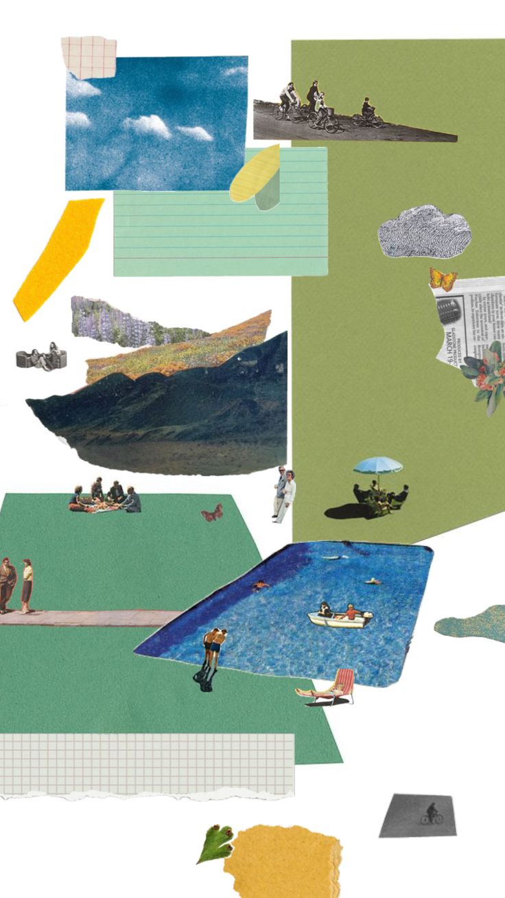 collage of people on boats in the water and paper cutouts over them with different colors