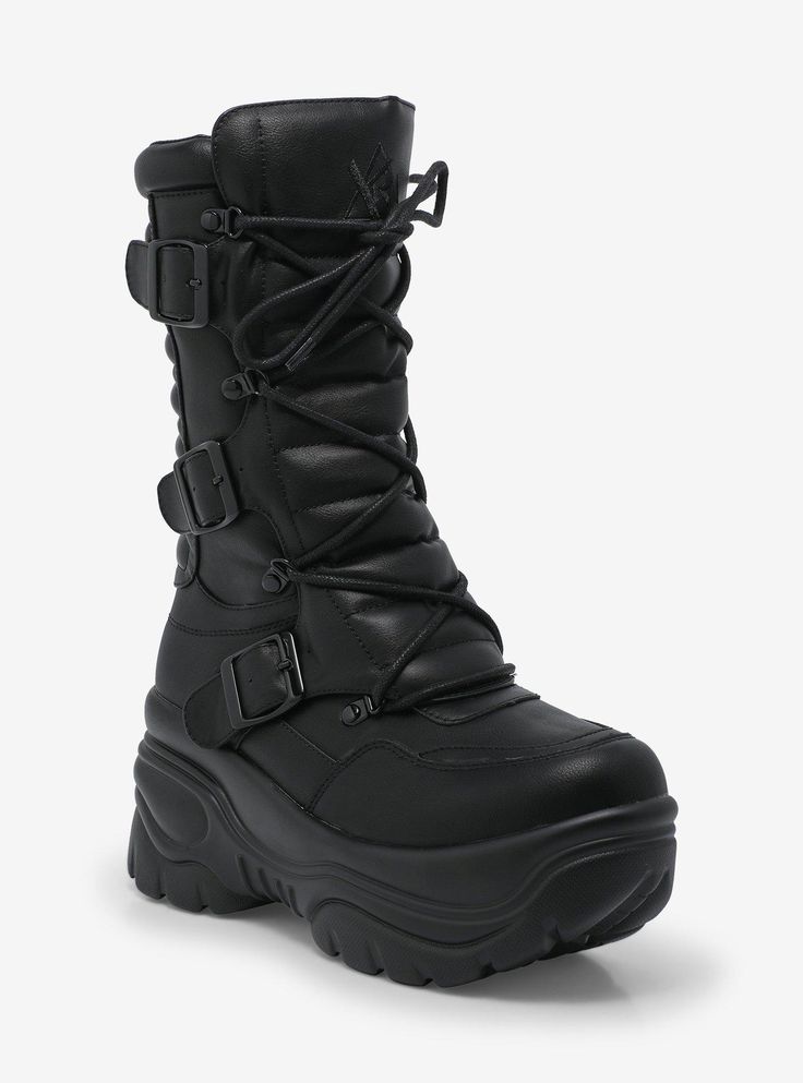 Kick down the door and show 'em how tough you are with these black boots! This moto-inspired pair features padded paneling and an interior zipper.Listed in women's sizes.2'' - 3 12'' platformPolyurethane upper; rubber soleImported Black Moto Boots For Winter Outdoor Use, Black Moto Boots For Winter Outdoor Activities, Black Waterproof Moto Boots For Winter, Alternative Winter Platform Boots For Streetwear, Edgy Combat Boots For Winter Streetwear, Edgy Winter Combat Boots For Streetwear, Black Winter Moto Boots For Outdoor Activities, Winter Moto Boots For Outdoor, Edgy Winter Platform Boots For Outdoor