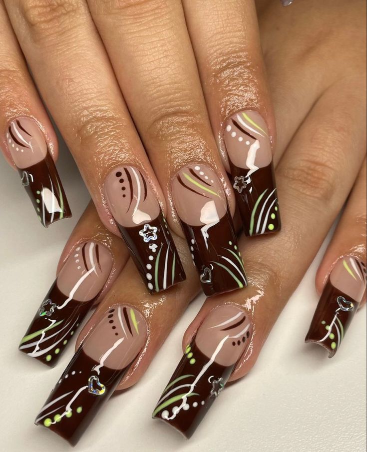 Nails , Nail Art , French Tips Y2k Nails Brown, Brown Y2k Nails, Y2k Square Nails, 90s French Tip, Old School Nails, Nail Ideas Y2k Long, 90s Nails Acrylic, 90s French Tip Nails, Early 2000 Nails