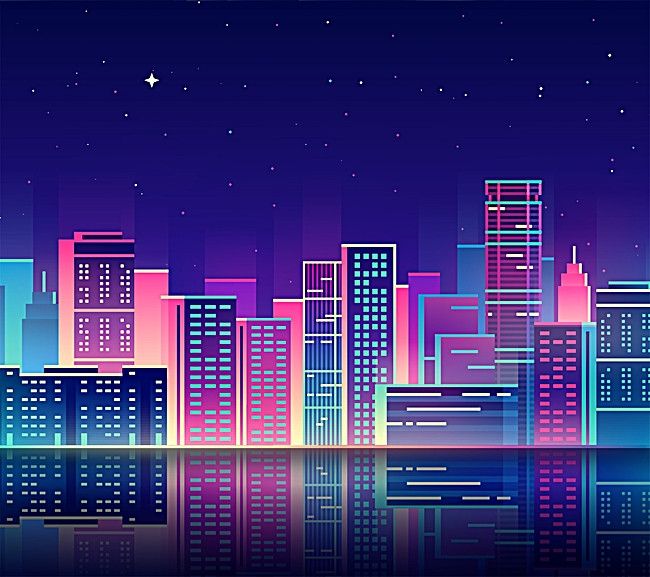 night cityscape with skyscrapers and stars reflected in the water on a dark blue background