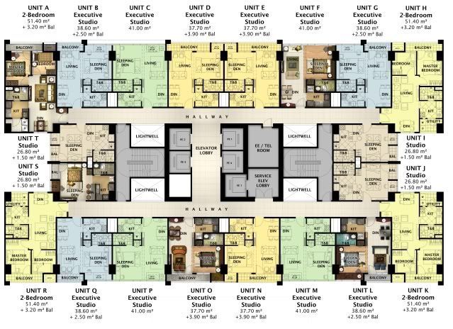 the floor plan for an apartment building with multiple floors and two levels, all in different colors