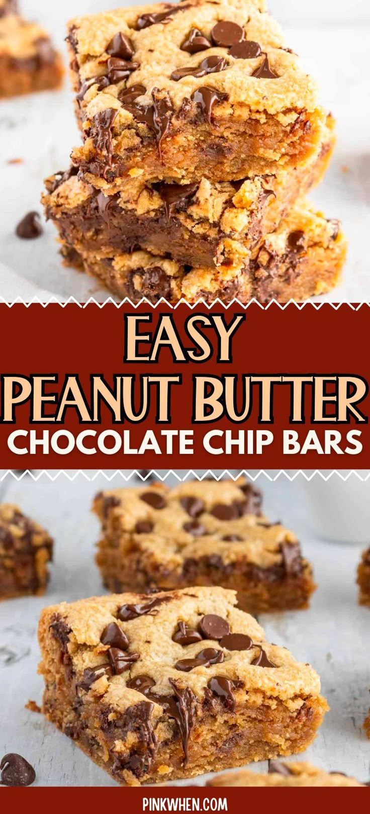 easy peanut butter chocolate chip bars stacked on top of each other with text overlay