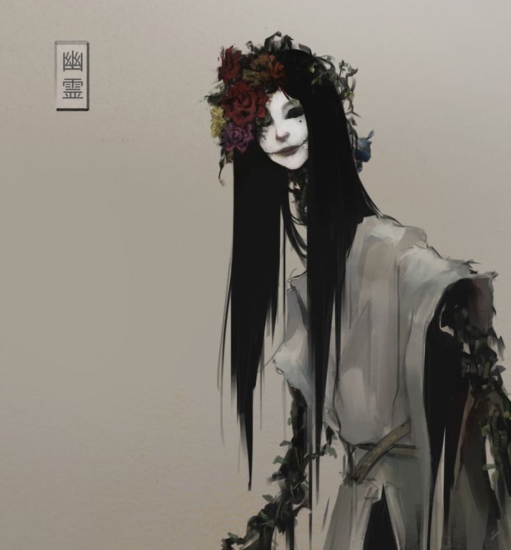 a drawing of a woman with flowers on her head and long black hair, standing in front of a white wall