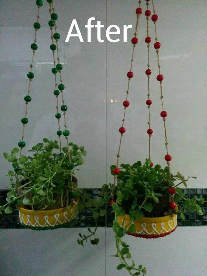 two hanging planters with plants in them and the words, before and after are displayed