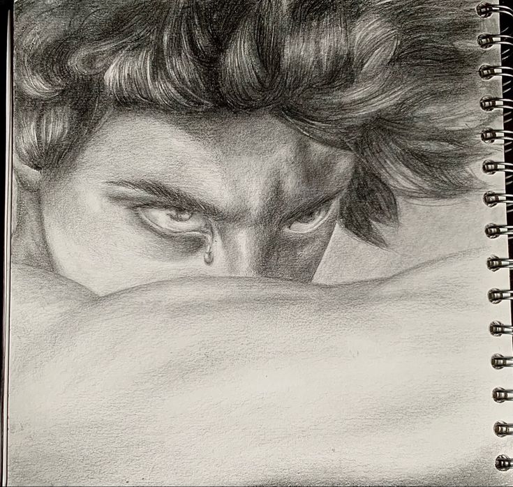 a pencil drawing of a man with his eyes closed and hair blowing in the wind