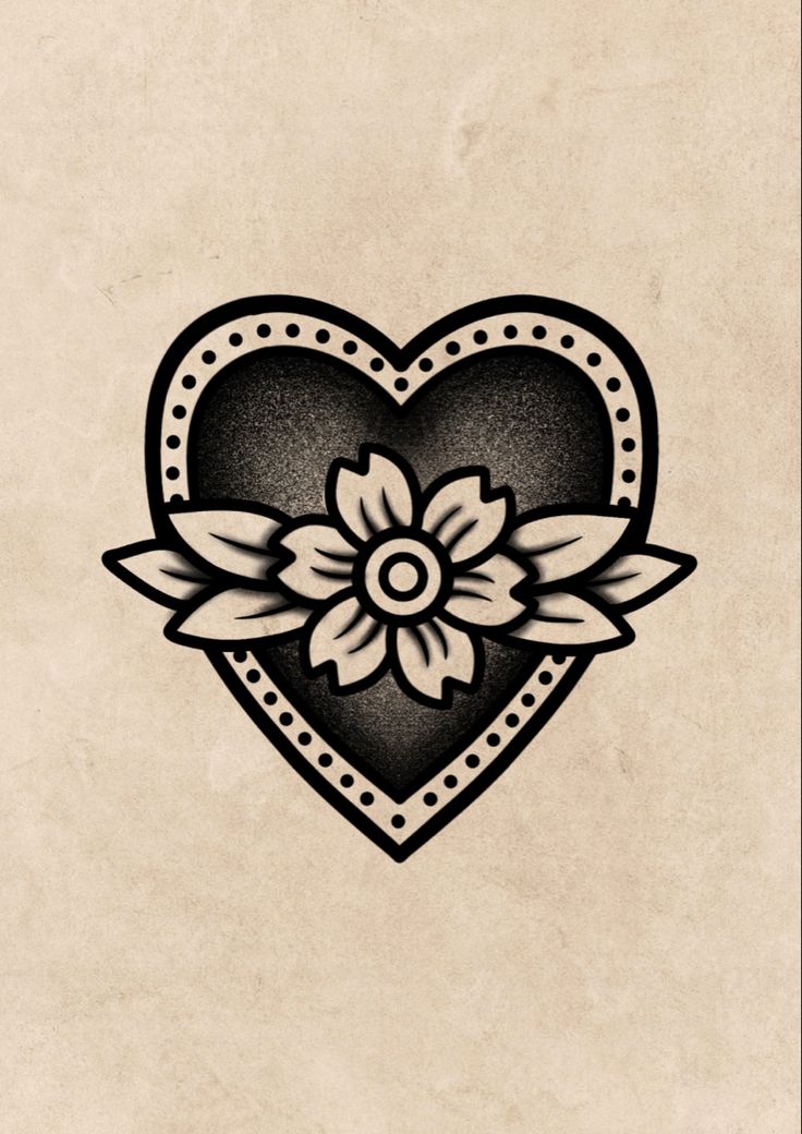 a black and white tattoo heart with flowers on it's side, in the shape of a flower