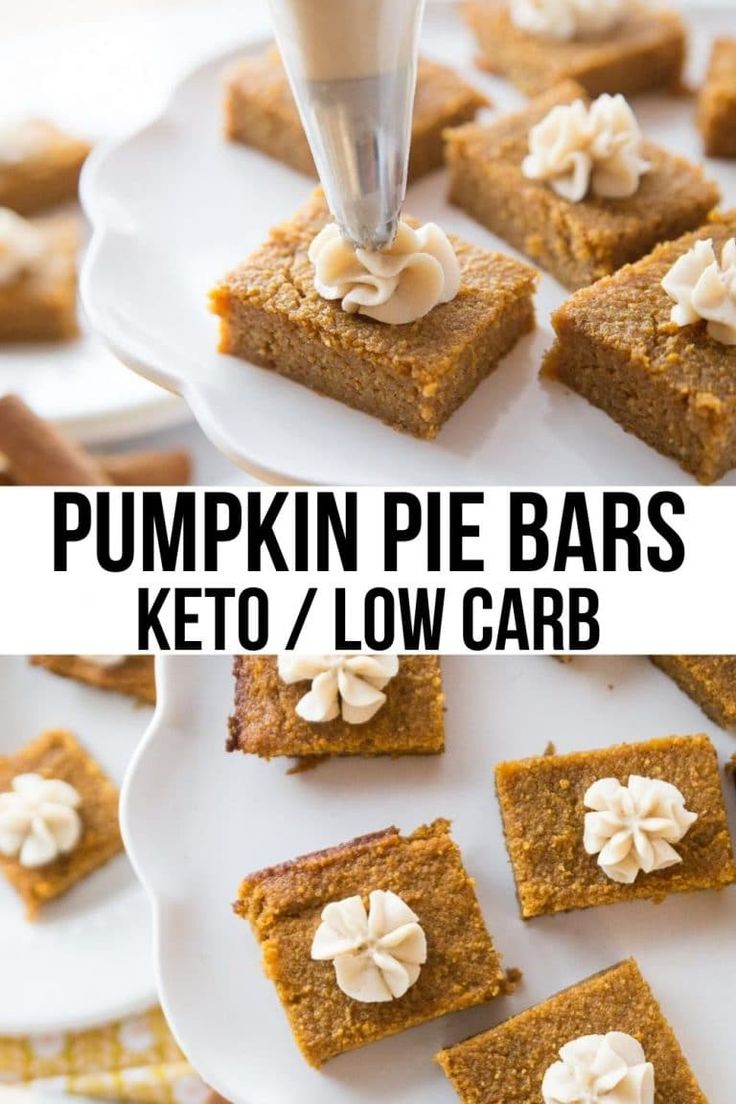 pumpkin pie bars with cream cheese frosting on top and in the middle, sitting on a white plate