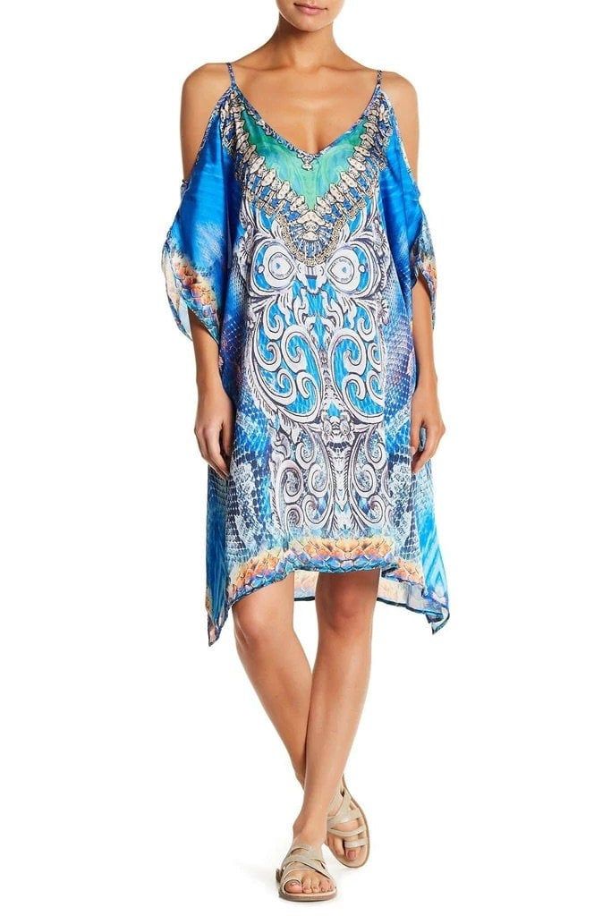 Women's beach  cover up dresses and day dresses with crystals embellished neckline. Embellished V-neck Maxi Dress For Beach, Blue Party Dress For Vacation, Blue Dress For Party And Vacation, Embellished V-neck Maxi Dress For Summer, Bohemian Party Dress For Vacation, Elegant Summer Kaftan For Vacation, Elegant Summer Vacation Kaftan, Elegant Beach Cover-up Mini Dress, Embellished Tunic Kaftan For Vacation