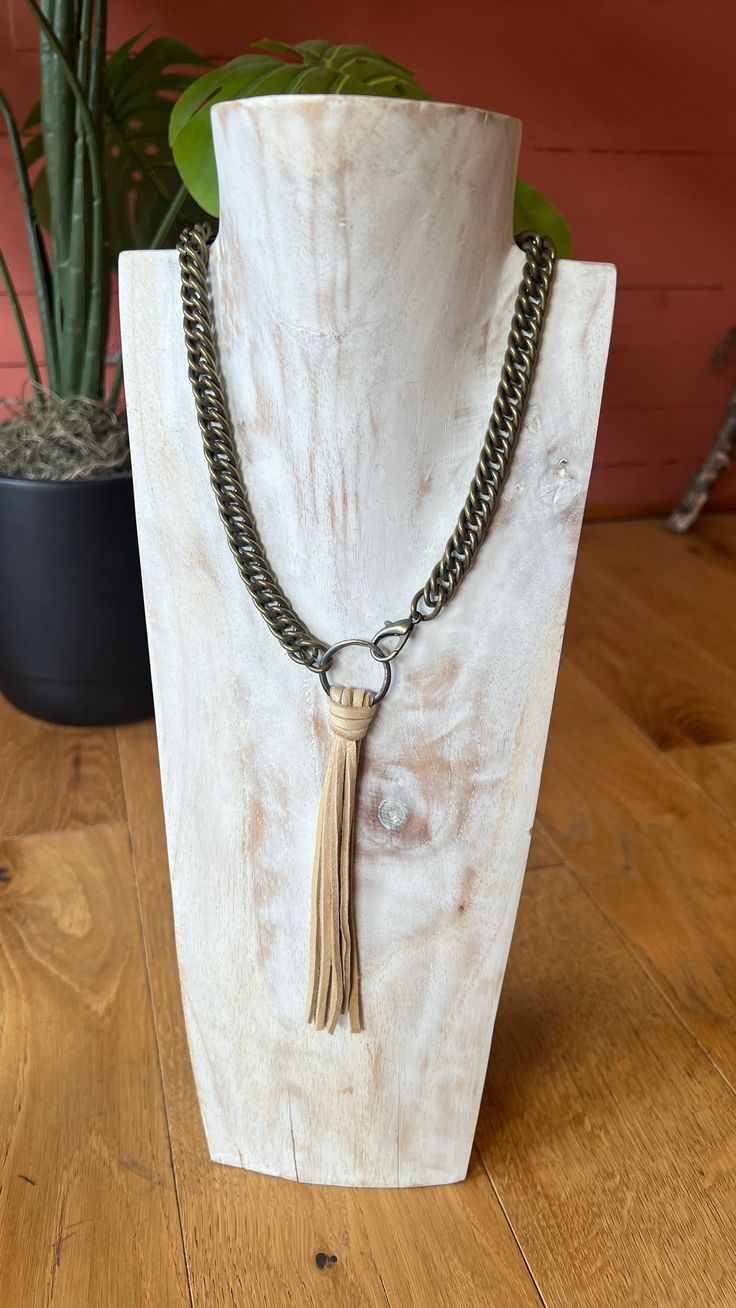 Handmade leather tassel necklace with chunky choker necklace Chunky Choker Necklace, Rebecca James, Chunky Choker, Leather Tassel, Chain Choker, Brass Chain, Handmade Leather, Leather Handmade, Tassel Necklace