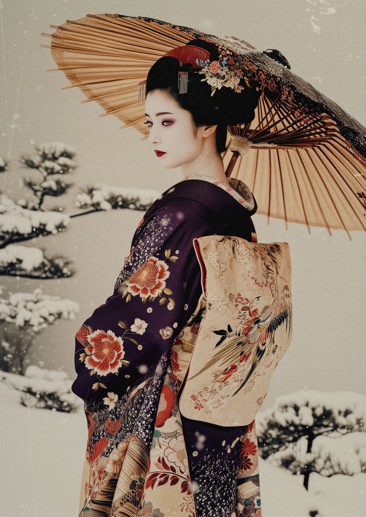 Japanese Photoshoot Model, Geisha Kimono Traditional, Japanese Aesthetic Traditional, Japan Women Outfit, Pose Reference Umbrella, Maiko Aesthetic, Japanese Cultural Clothing, Geisha Accessories, Japanese Pose Reference