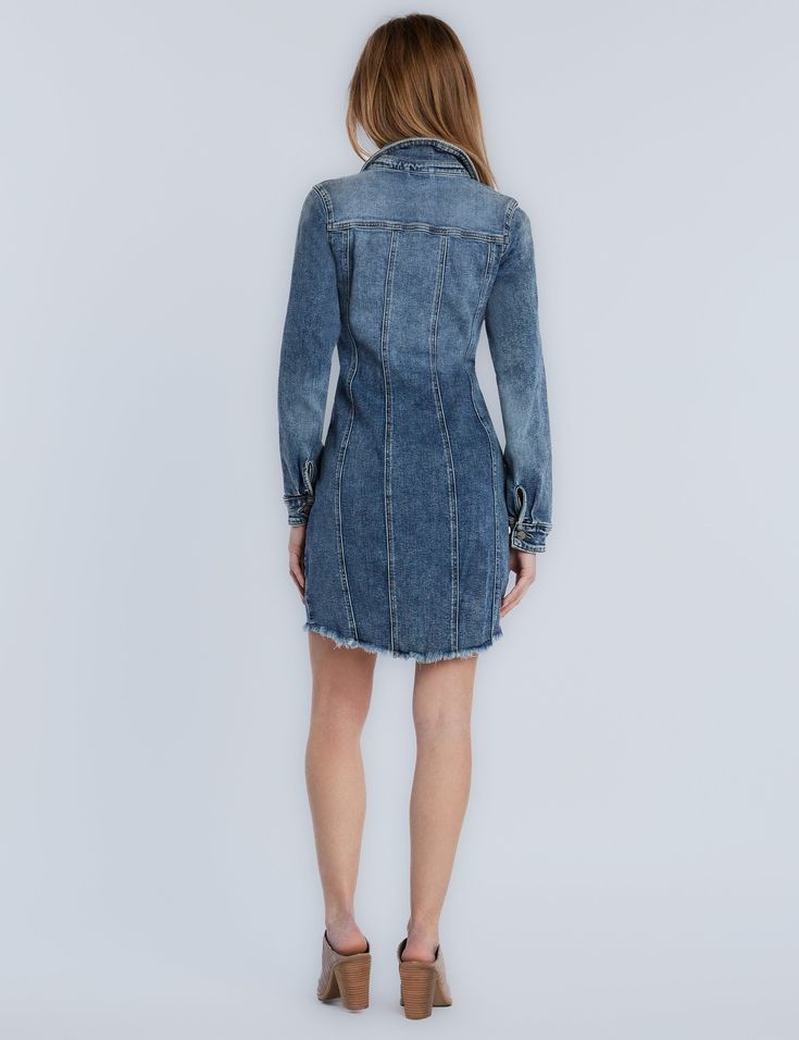 Super-flattering Denim Corset Zip Dress from Wash Lab. Super versatile, wear it open as a jacket or a sexy dress. Fitted Long Sleeve Denim Dress With Pockets, Chic Long Sleeve Medium Wash Denim Dress, Chic Knee-length Stretch Denim Dress, Chic Stretch Denim Dress Knee-length, Chic Stretch Knee-length Denim Dress, Chic Stretch Denim Knee-length Dress, Chic Long Sleeve Dark Wash Denim Dress, Chic Long Sleeve Denim Mini Dress, Blue Fitted Long Sleeve Denim Dress