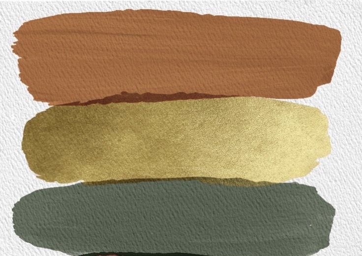 four different shades of brown, green and gold paint on white paper with brush strokes