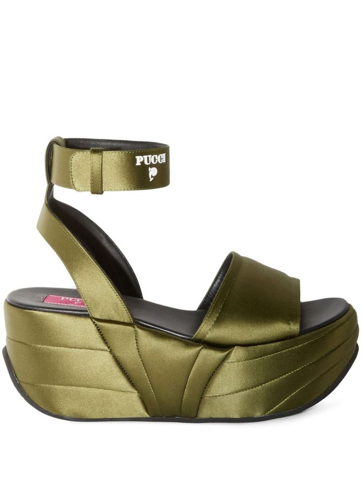 green leather satin finish buckle-fastening ankle strap branded footbed round open toe platform sole Versace Outfit, City Dress, Chanel 2, Summer Beach Wear, Pump Sandals, Flat Boots, Emilio Pucci, Ballet Flat Shoes, Ski Wear