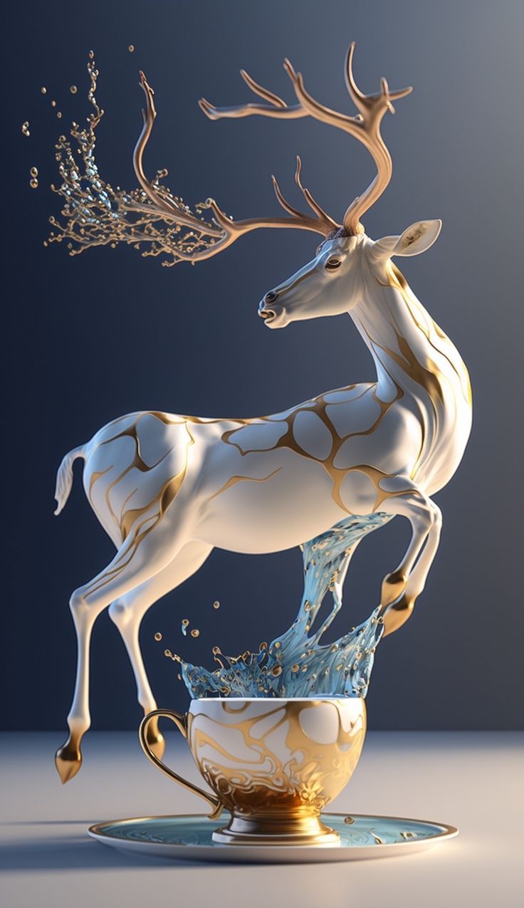 a white and gold deer statue sitting on top of a teacup with water splashing out of it