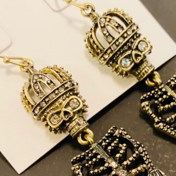 Crown Skeleton Dangling Earrings Nwt Lots Of Bling Nwt Gold Punk Dangle Jewelry, Gold Punk Earrings For Party, Punk Style Gold Earrings For Party, Gold Dangle Punk Jewelry, Gold Skull Jewelry For Party, Punk Gold Pierced Jewelry, Gold Punk Pierced Jewelry, Gold Punk Metal Earrings, Gold Punk Style Metal Earrings