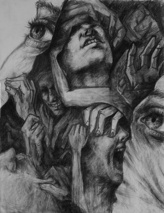 a black and white drawing of two people with their heads in each other's eyes