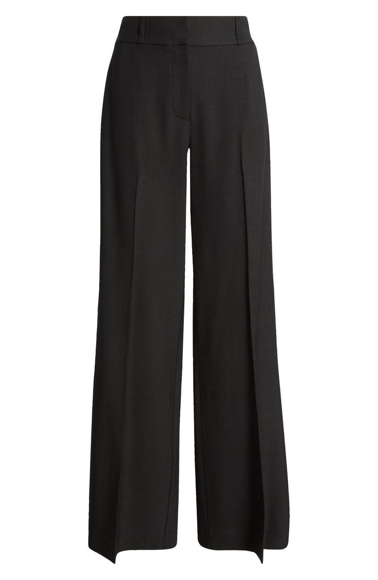 A sharp crease polishes minimally tailored pants you'll wear from work to weekend. Zip fly with hook-and-bar closure 98% viscose, 2% elastane Dry clean Imported Sleek High-waisted Dress Pants For Formal Occasions, Tailored Wide Leg Career Pants, Chic Career Straight Pants, Chic Straight Career Pants, Sleek Wide Leg Pants For Formal Occasions, Sleek Formal Wide Leg Pants, Chic Ankle-length Dress Pants For Career, Chic Elastane Dress Pants For Workwear, Chic Straight Leg Career Dress Pants