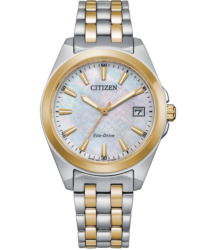 From Citizen&#x2C; the Women's Peyton Three Hand Two Tone Stainless Steel Bracelet Watch features:Two tone stainless steel case and braceletSapphire crystal mother of pearl dialFold over clasp with push buttonsThree hand movementApprox. 33mm case size Water Resistant: 10 ATMImported. Eco Drive Watches, Citizen Watch, Citizen Eco, Eco Drive, Band Bracelet, Two Tone Watch, Steel Bracelet, Go Out, Watch Brands