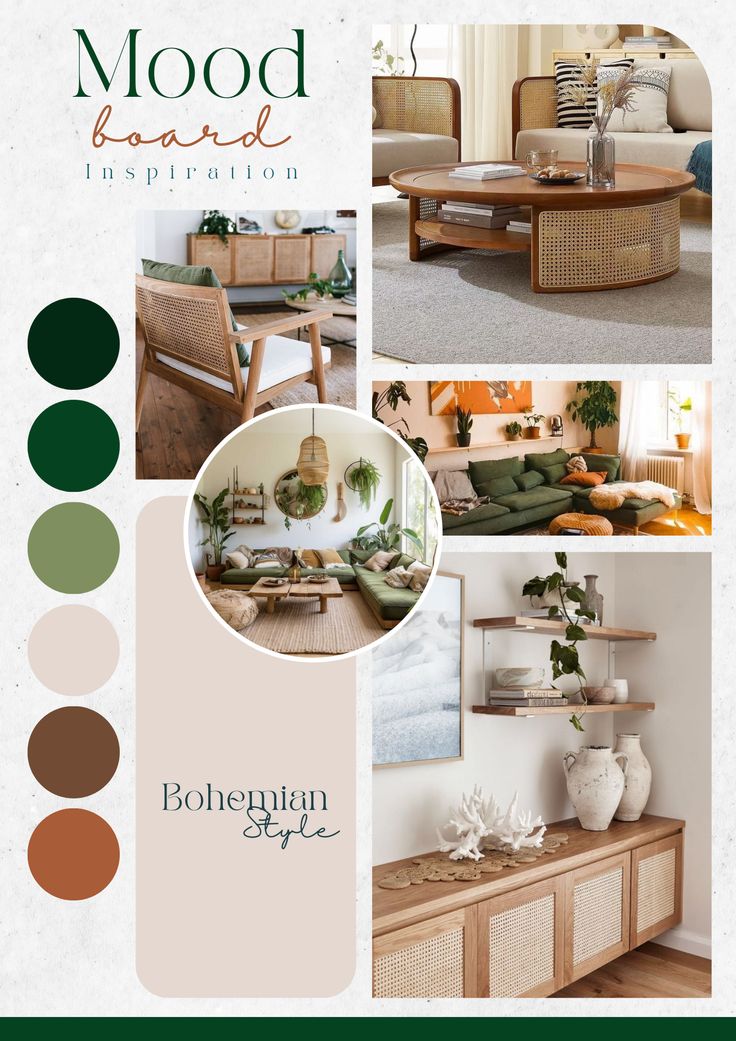 the mood board is full of different colors and furniture, including couches, chairs, tables