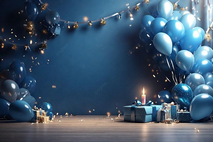 blue balloons and presents are on the floor