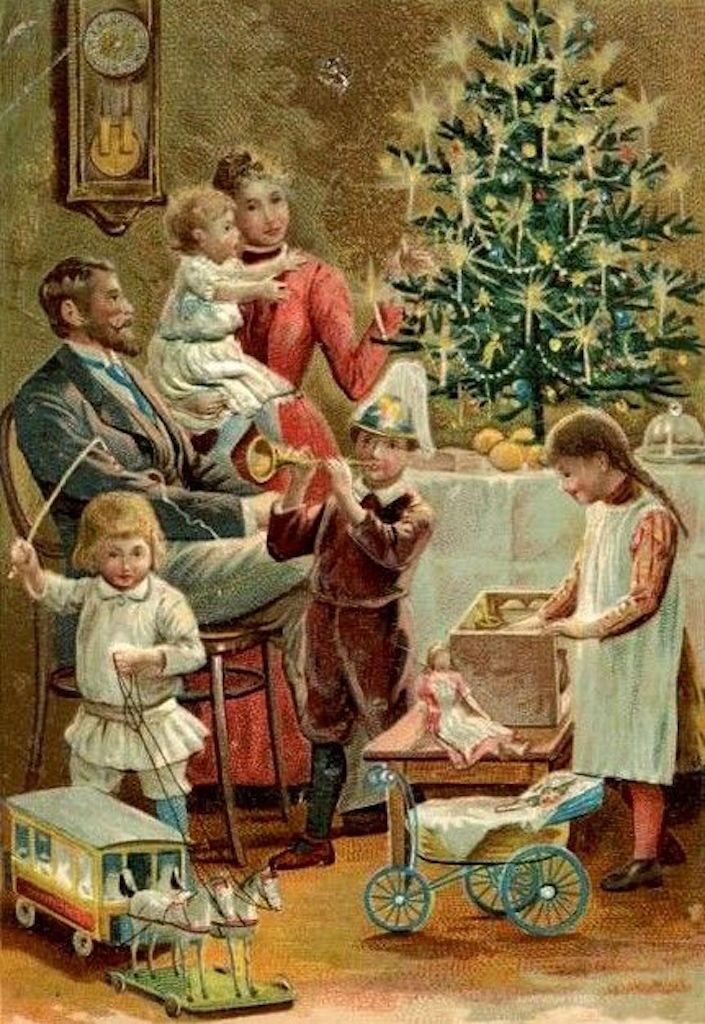 an old fashioned christmas card shows a family around the christmas tree