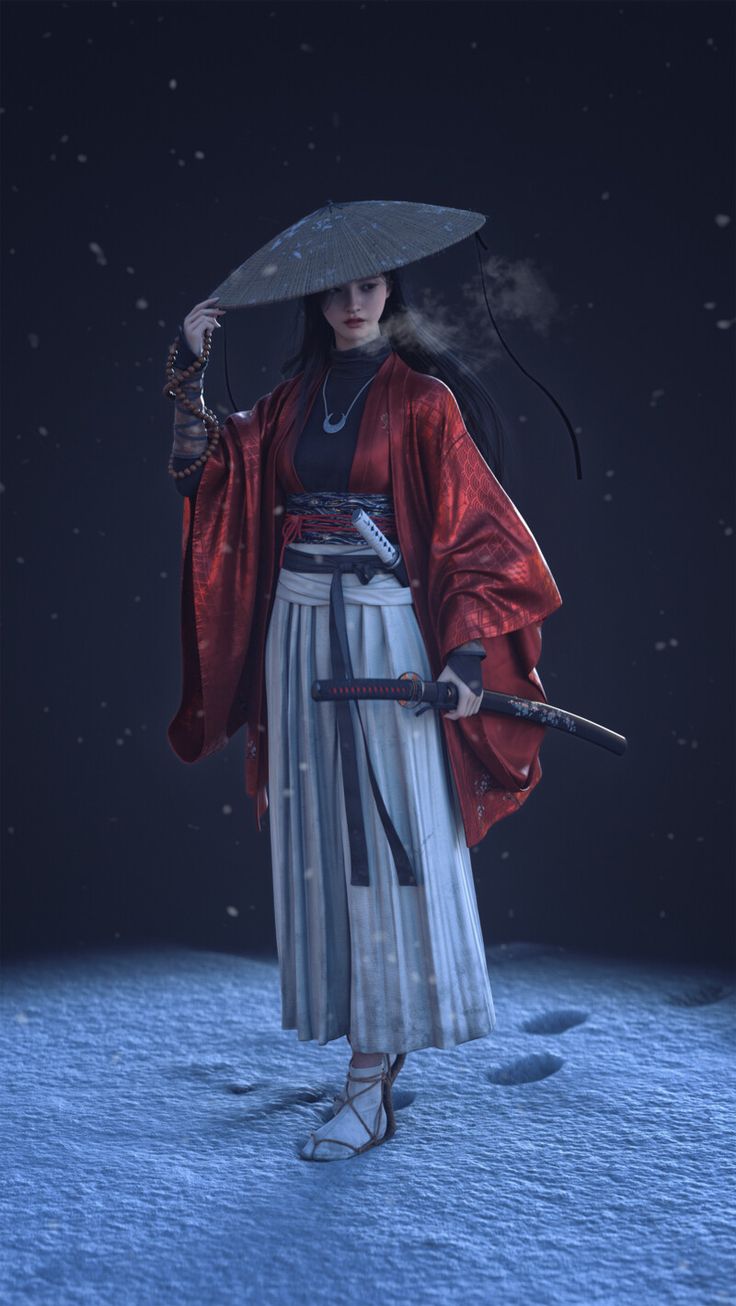 a woman in a kimono holding an umbrella and walking through the snow at night