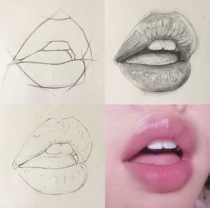 four different types of lips drawn in pencil