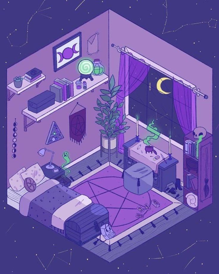 an illustration of a bedroom with purple walls