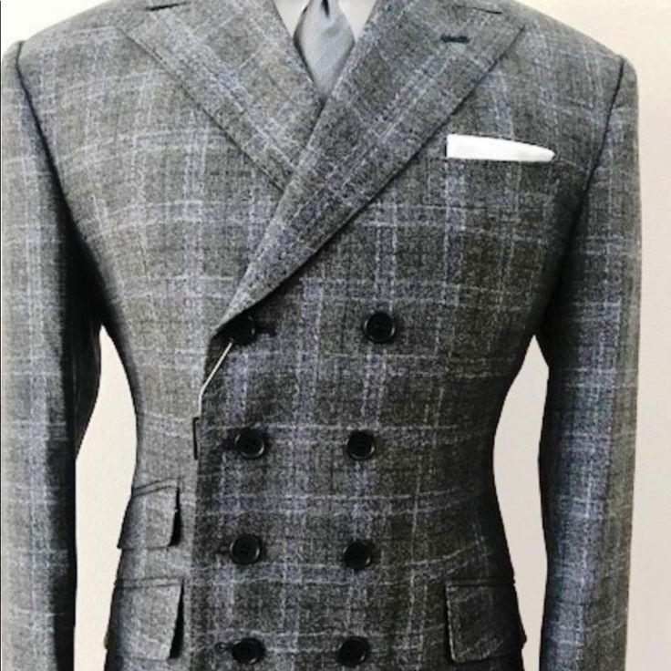 Super 150 Cerruti Grey Plaid 8 Button Military Wool Suit Wide Peak Lapel, Ticket Pocket, 10 Inch Double Vent, Flat Front Pant With Side Buckle. Designer Double Breasted Suit With Double Button Closure, Classic Double-breasted Suits With Button Cuffs, Classic Double-breasted Suit With Button Cuffs, Designer Double-breasted Suit With Button Closure, Designer Double-breasted Suits With Suit Collar, Designer Double Breasted Suit For Formal Occasions, Designer Double Breasted Suit For Semi-formal Occasions, Custom Fit Blazer With Suit Collar And Buttons, Designer Fitted Double Breasted Suit With Button Closure