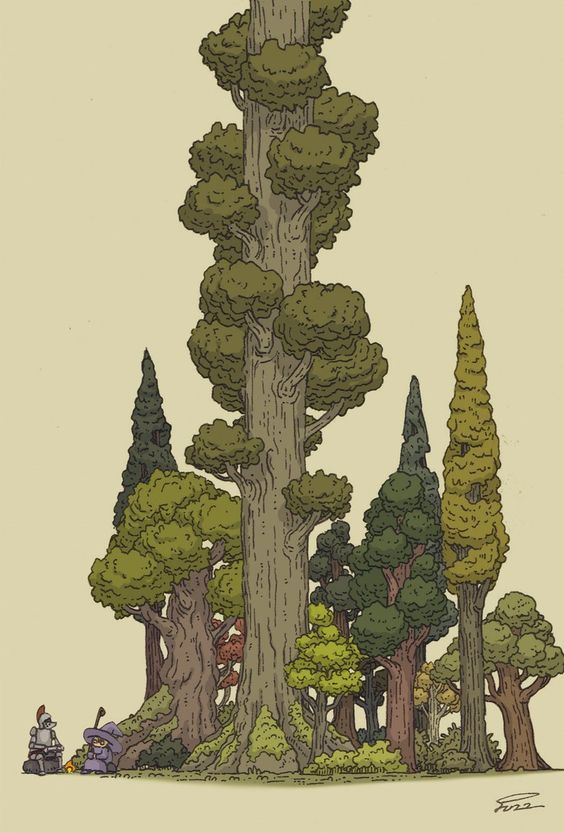 a drawing of a tall tree surrounded by trees