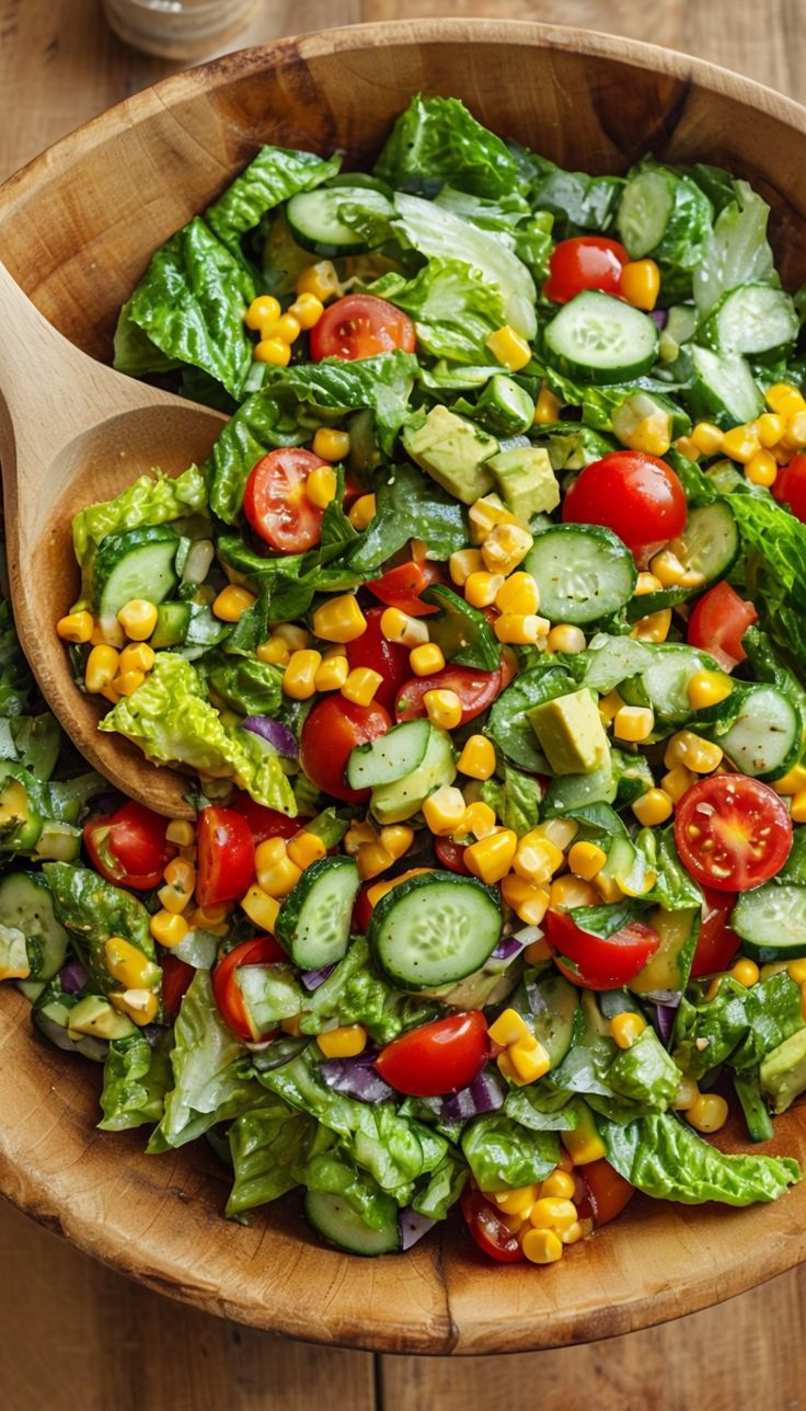 a salad with cucumbers, tomatoes, corn and lettuce in a wooden bowl