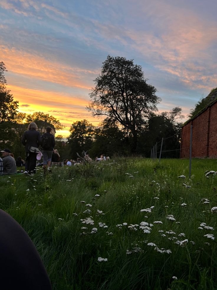 people are standing in the grass near a barn