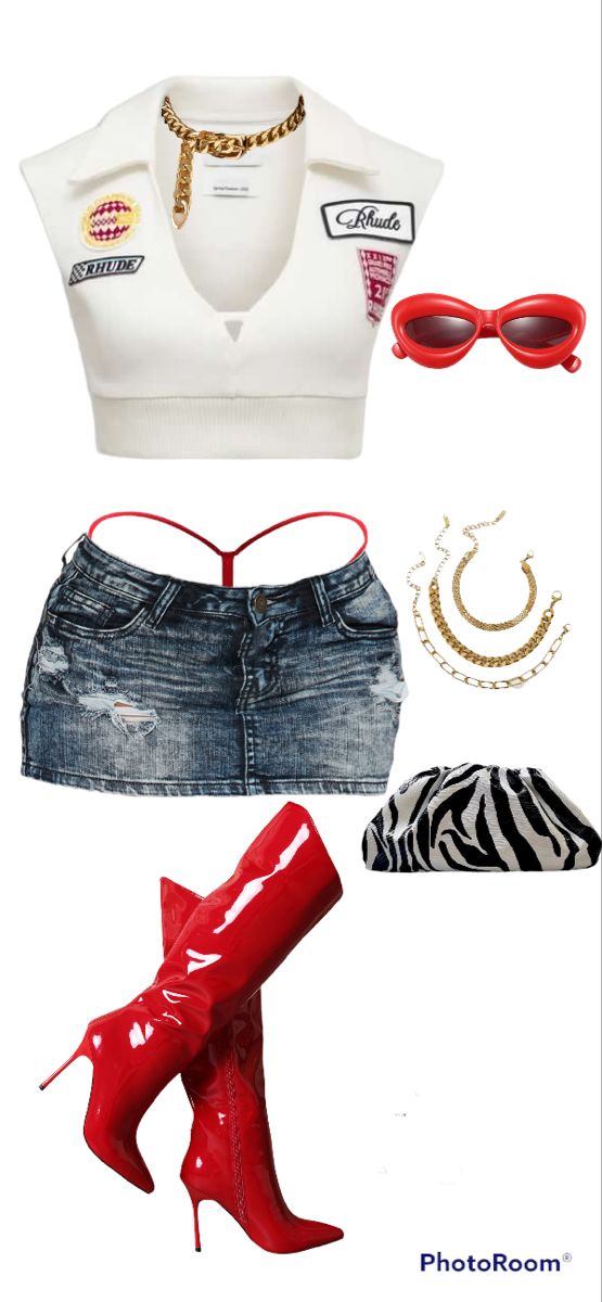 Concert Outfit With Heels, Mesh Top Skirt Outfit, Baddie Freaknik Outfits, Birthday Outfits Clubbing, Birthday Fit Ideas Black Woman, Red And Denim Outfits For Women, Red Club Outfits Black Women, Nicki Minaj Concert Outfit Ideas Baddie, Designer Fits Black Women