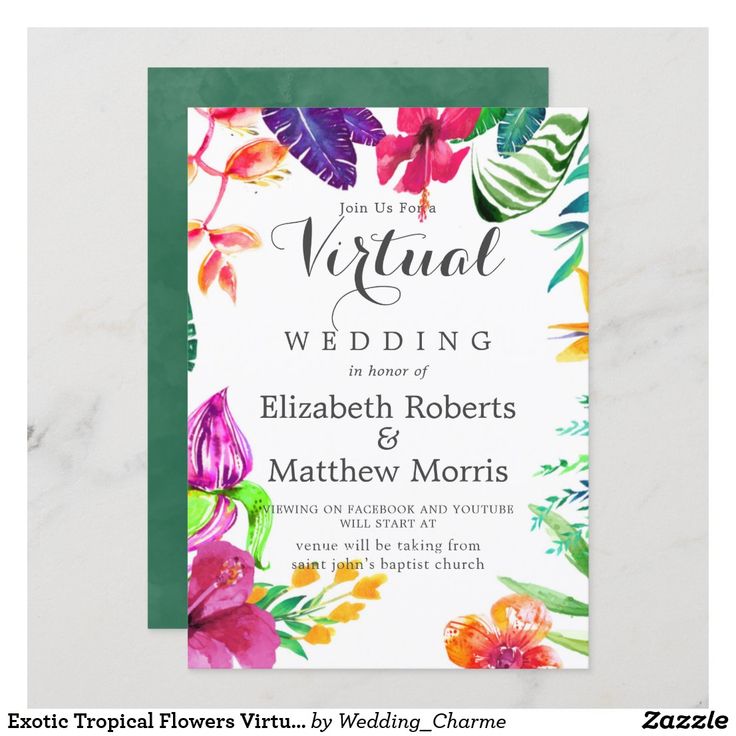 a wedding card with colorful flowers and leaves on the front, in watercolor style