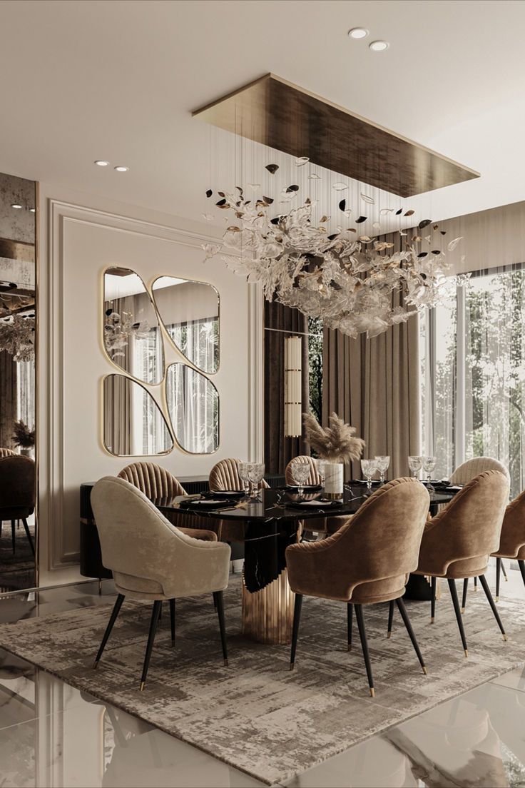 an elegant dining room with chandelier, chairs and large mirror on the wall