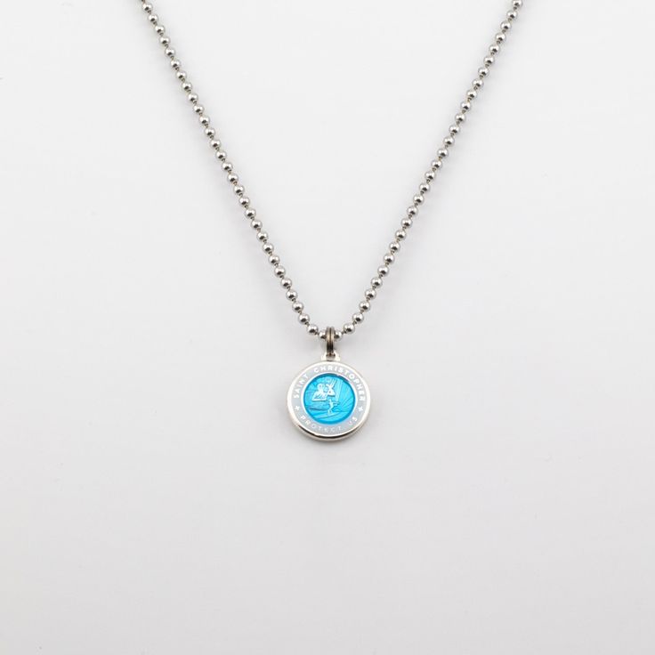 Small Aqua White St. Christopher Symbol For Good Luck, Southern California Home, Surf Necklace, St Christopher Necklace, St Christopher Medal, Layering Jewelry, Safe Travels, St Christopher, Back Necklace