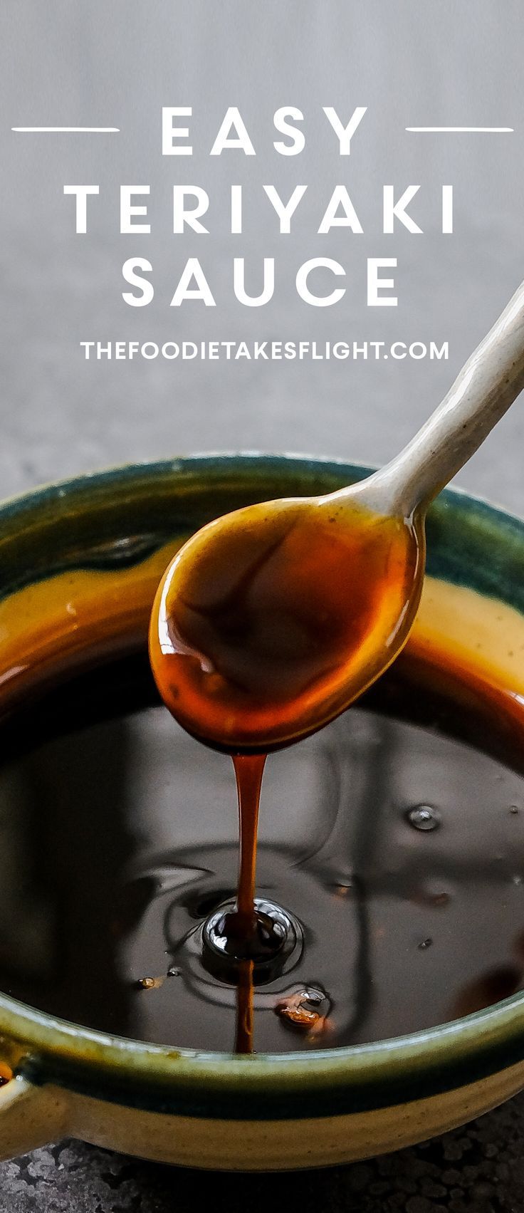 a spoon full of syrup being poured into a bowl with the words easy teriyaki sauce