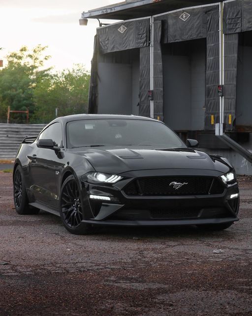 a black mustang parked in front of a building with steps leading up to the roof