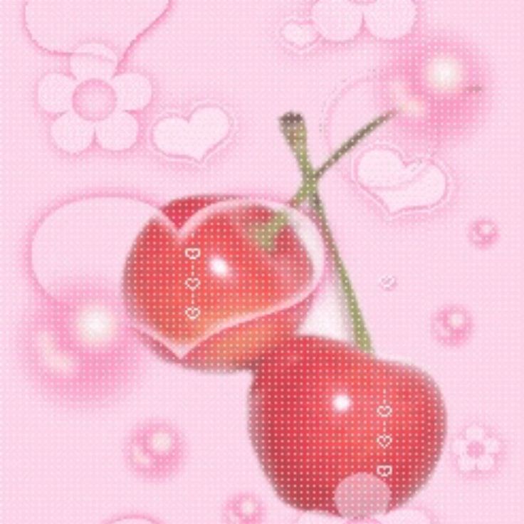 two cherries on a pink background with hearts