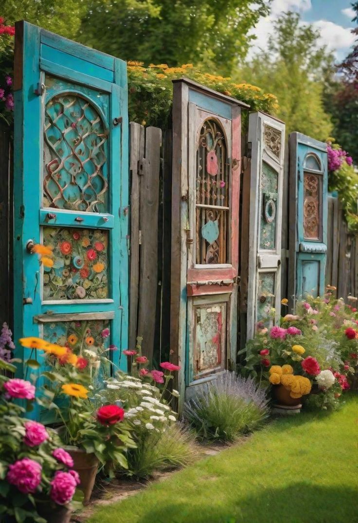 an assortment of colorful wooden doors in a garden filled with flowers and greenery next to a fence