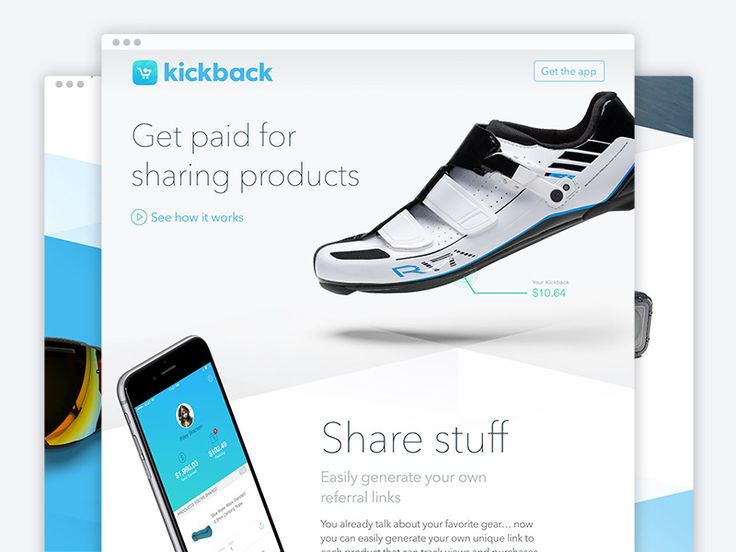 an ad for kicksack featuring shoes, sunglasses and a cell phone with the caption get paid for sharing products