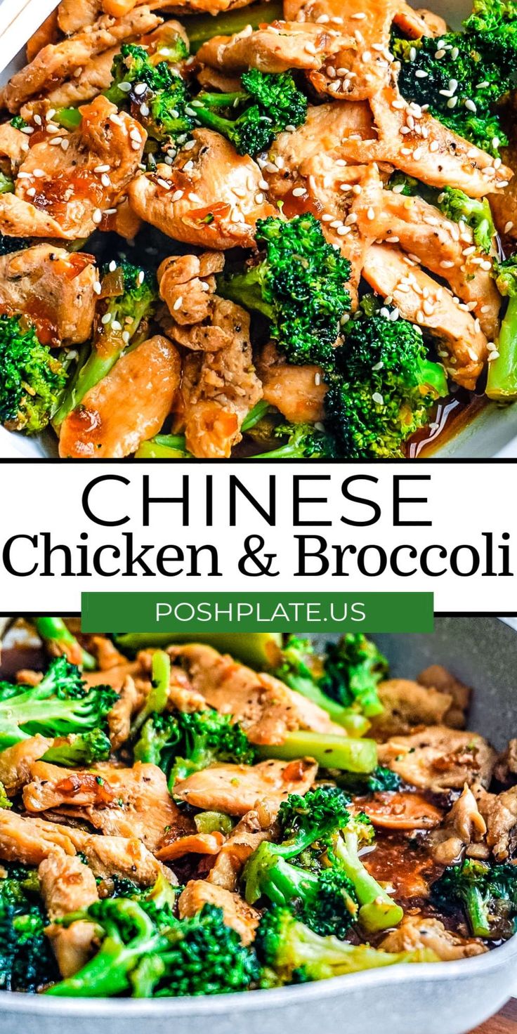 chicken and broccoli in a skillet with the title above it reads chinese chicken and broccoli