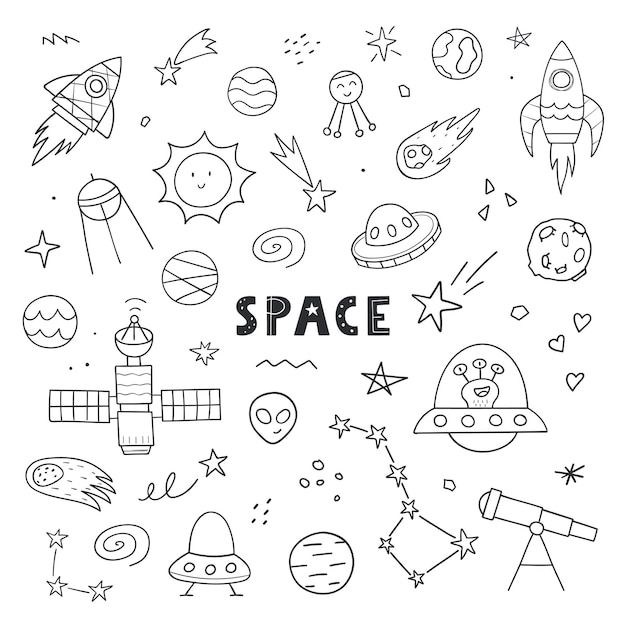 the word space surrounded by doodles and other things in black and white, including rockets