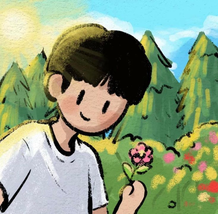 a drawing of a boy holding a flower in front of some mountains and grass with trees