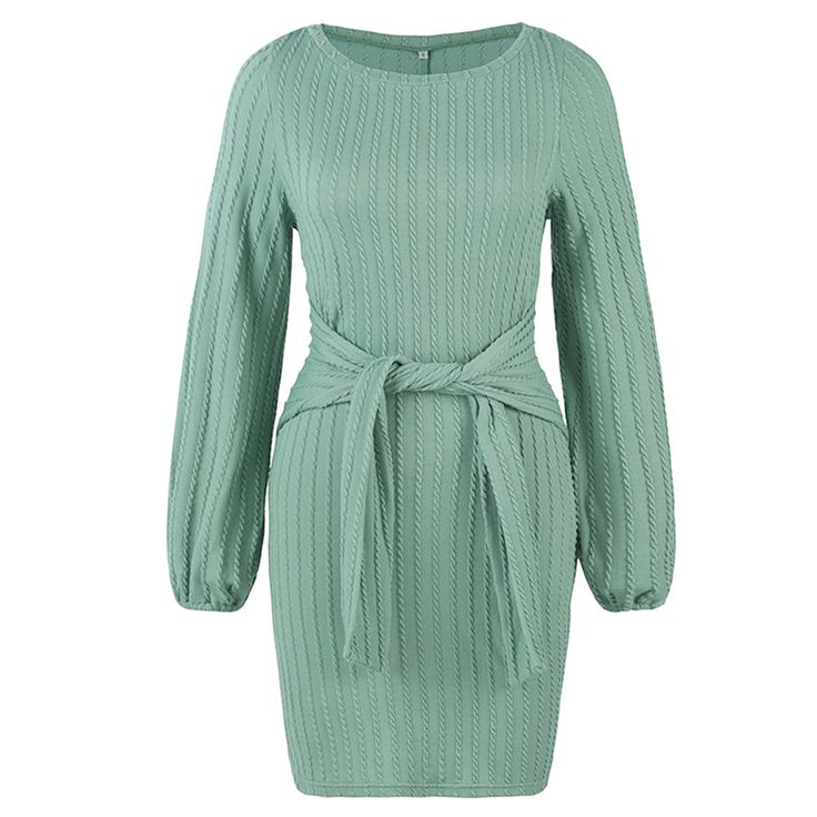 Blueish-green Tie Waist Knit Long Sleeve Dress Green Mini Sweater Dress For Winter, Chic Green Knit Sweater Dress, Chic Green Sweater Dress For Winter, Green Ribbed Sweater Dress For Fall, Chic Green Knit Mini Dress, Green Ribbed Mini Dress For Winter, Green Knit Mini Sweater Dress, Fitted Green Knit Sweater Dress, Green Ribbed Mini Dress For Fall