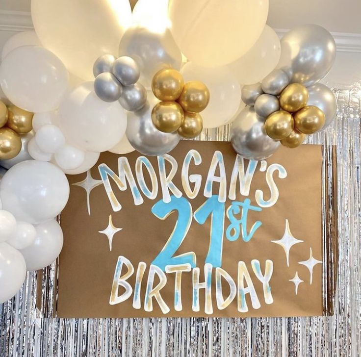 balloons and streamers are hanging from the ceiling in front of a sign that says morgan's 21st birthday