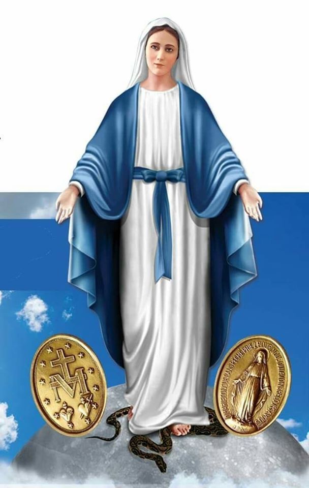 the immaculate mary statue with two gold coins