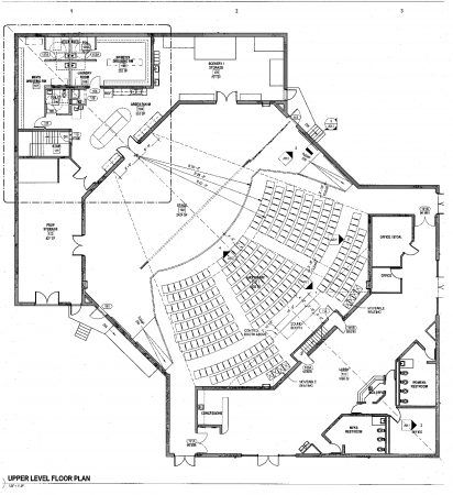 the floor plan for an auditorium with seating areas and stairs, as well as a second story